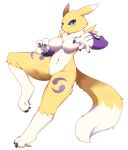  2019 alpha_channel armwear black_sclera blue_eyes breasts bridal_gauntlets chest_tuft clothing digimon featureless_breasts featureless_crotch female full_body fur masc0t361 navel nude renamon simple_background solo transparent_background tuft white_fur yellow_fur yin_yang 