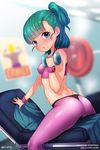  absurdres arm_support artist_name ass blue_eyes blue_hair blurry blush born-to-die breasts bulma chair covered_nipples crop_top depth_of_field dragon_ball dumbbell exercise from_behind gym heart heart-shaped_pupils highres looking_back midriff one_side_up open_mouth panties panties_over_bodysuit pantyhose short_hair sideboob signature sitting small_breasts solo sports_bra straddling sweat sweatband symbol-shaped_pupils tank_top thong towel underwear watermark web_address weightlifting weights wristband 