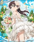  back balloon bouquet brown_eyes brown_hair card_(medium) dress earrings flower gertrud_barkhorn gloves hair_ribbon jewelry long_hair looking_back official_art ribbon solo strike_witches twintails wedding_dress white_gloves world_witches_series 