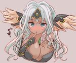  bare_shoulders between_breasts blue_eyes blush breast_hold breasts bridal_gauntlets circlet cleavage collarbone dark_angel_metatron_(p&amp;d) dark_skin deep_skin feathered_wings finger_to_mouth full-face_blush head_wings large_breasts lavender_background long_hair marshmallow_mille pen puzzle_&amp;_dragons silver_hair simple_background solo tears wavy_hair wavy_mouth wings 