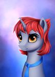  equine eyebrows eyelashes fan_character female feral gradient_background hair horn l1nkoln mammal my_little_pony necktie orange_eyes red_hair simple_background smile solo unicorn 