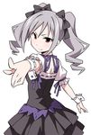  anbe_masahiro back_cutout bow choker commentary_request dress drill_hair frilled_dress frills from_side hair_between_eyes hair_bow idolmaster idolmaster_cinderella_girls kanzaki_ranko outstretched_arms pointing pointing_at_viewer puffy_short_sleeves puffy_sleeves red_eyes short_sleeves sidelocks silver_hair sketch smile solo spread_arms twin_drills white_background wrist_cuffs 
