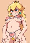  alternate_costume ass_visible_through_thighs bare_legs blonde_hair blue_earrings blue_eyes blush breasts censored crown earrings frills gem hands_on_legs highres jewelry large_breasts lingerie long_hair mario_(series) midriff navel novelty_censor partially_visible_vulva princess_peach smile thighs underwear yuya_(artist) 