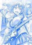  :d blue breasts commentary concert eyebrows eyebrows_visible_through_hair fang getsuyoubi_no_tawawa guitar hair_ribbon himura_kiseki instrument jazzmaster large_breasts long_hair microphone_stand miniskirt monochrome multiple_girls music necktie open_mouth playing_instrument pleated_skirt ribbon school_uniform short_hair singing skirt smile stage twintails 