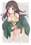  ama_usa_an_uniform barefoot bikini blush breasts brown_hair character_name cleavage collarbone dated ezoshika front-tie_top gochuumon_wa_usagi_desu_ka? green_bikini green_eyes happy_birthday highres large_breasts long_hair looking_at_viewer open_clothes side-tie_bikini smile solo swimsuit swimsuit_under_clothes ujimatsu_chiya 