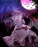  bat bat_wings blue_hair closed_mouth commentary_request frilled_skirt frills full_moon hat hat_ribbon jewelry lifted_by_self mob_cap moon night night_sky outdoors pendant red_eyes red_moon red_ribbon remilia_scarlet ribbon sash shiina_shian skirt skirt_lift sky smile solo star_(sky) starry_sky touhou tree wings wrist_cuffs 