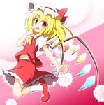  :d blush cravat fang finger_to_mouth flandre_scarlet hat jumping looking_at_viewer mary_janes midriff mob_cap navel no_nose open_mouth pink_background red_eyes red_footwear senba_chidori shoes short_hair skirt skirt_set smile solo splatter touhou vest wings 