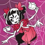  cup fangs hair_ribbon insect_girl kettle kinifuness lowres muffet multiple_arms one_eye_closed ribbon silk solo spider_girl spider_web spider_web_background teacup two_side_up undertale 