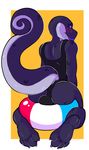  2016 anthro ball beach_ball blush bulge butt buttsteak clothed clothing digital_media_(artwork) inflatable lizard looking_at_viewer looking_back male purple_eyes reptile scalie simple_background solo swimsuit 