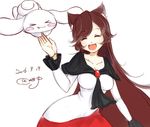  2016 animal_ears ascot bangs breasts brooch brown_hair cinnamoroll dated dress fangs frilled_sleeves frills hair_over_one_eye hand_up hanging_breasts imaizumi_kagerou jewelry large_breasts long_hair long_sleeves red_dress sanrio shinomiya_naka simple_background solo touhou very_long_hair white_background white_dress wide_sleeves wolf_ears 