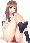  absurdres ass bad_id bad_tinami_id banned_artist brown_eyes brown_hair buruma feet gym_uniform highres long_hair looking_at_viewer n.g. panties panty_peek sitting smile solo thighs underwear 