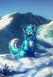  ambiguous_gender black_nose blue_fur blue_hair blue_tongue canine day detailed_background eyes_closed feral fox fur hair lukiri mammal multicolored_fur open_mouth outside paws sitting sky smile snow solo teeth tongue two_tone_fur 