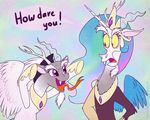  2016 celestiathegreatest crown discord_(mlp) disguise draconequus duo equine fangs female forked_tongue friendship_is_magic gold_(metal) horn jewelry magic male mammal my_little_pony necklace princess_celestia_(mlp) tongue tongue_out winged_unicorn wings 