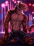  2016 abs anthro black_fur black_sclera black_stripes claws clothed clothing concert disney feline fountain fur fuzzy hi_res kenket kneeling lights looking_away male mammal orange_body orange_fur orange_stripes painting_(artwork) paws pink_nose raised_eyebrow shaded shorts smile smug solo spandex stage standing stripes stripper_tiger_(zootopia) tiger topless traditional_media_(artwork) white_eyes white_fur white_stripes zootopia 