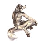  2016 absurd_res anthro black_eyes black_fur blue_sclera canine claws dog fur grey_fur hi_res husky kenket looking_back male mammal nude pawpads paws rear_view simple_background sitting smile solo traditional_media_(artwork) watercolor_(artwork) white_background white_body white_fur 