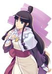  ayasato_mayoi bead_necklace beads black_hair bow cowboy_shot green_eyes gyakuten_saiban gyakuten_saiban_6 hair_bun japanese_clothes jewelry kimono long_hair looking_at_viewer low-tied_long_hair magatama necklace purple_bow shino_(pixiv) smile solo 