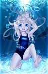  air_bubble barefoot blue_eyes breath bubble diving dolphin freediving happy holding_breath long_hair open_mouth original school_swimsuit swimming swimsuit toastersdoodles underwater water 