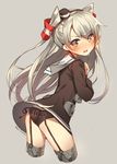  amatsukaze_(kantai_collection) ass black_panties blush brown_eyes choker cropped_legs dress flat_ass garter_straps grey_background hairband hands_on_own_chest hat kantai_collection leaning_forward long_hair looking_back mini_hat moriki open_mouth panties sailor_dress short_dress side-tie_panties silver_hair simple_background solo sweatdrop thighhighs twitter_username two_side_up underwear wavy_mouth 
