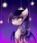 bat_pony detailed_background eyelashes fan_character female feral fur grey_fur hair magnaluna membranous_wings my_little_pony night open_mouth orange_eyes purple_hair sky smile solo star starry_sky teeth wings 