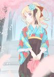  ayase_eli blonde_hair blue_eyes cherry_blossoms floral_print flower frapowa hair_flower hair_ornament hair_ribbon hakama japanese_clothes kimono long_hair love_live! love_live!_school_idol_project obentou petals ponytail ribbon smile solo 