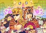  animal_ears animal_print artist_name black_eyes blonde_hair cat cat_ears earrings fake_animal_ears fang giorno_giovanna guido_mista hat jewelry jojo_no_kimyou_na_bouken leopard_print lipstick makeup male_focus multiple_boys niitsumee signature stud_earrings sunglasses tiger_ears tiger_print too_many too_many_cats turtleneck yellow_lipstick 