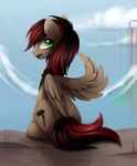  cutie_mark day detailed detailed_background equine fan_character feathered_wings feathers fur green_eyes hair hooves magnaluna mammal my_little_pony open_mouth outside pegasus red_hair sitting sky smile solo tan_feathers tan_fur wings 