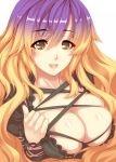  1girl blonde_hair blush breasts cleavage commentary_request gradient_hair highres hijiri_byakuren juliet_sleeves large_breasts long_hair long_sleeves looking_at_viewer multicolored_hair puffy_sleeves purple_hair smile solo touhou tro_(trombe) wavy_hair white_background 