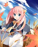  belt blue_eyes blush bow bowtie cape capelet cloud commentary_request day dress eyebrows eyebrows_visible_through_hair hair_bow hair_ornament headband highres kushida_you long_hair looking_at_viewer open_mouth original outdoors outstretched_arms pink_hair sky white_dress wind 