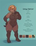  2016 4_fingers 4_toes anthro belly big_breasts biped blue_background breasts brown_countershading brown_fur brown_markings brown_nose brown_pussy brown_tail bush_dog canid canine character_name chest_tuft color_swatch countershade_torso countershading curvaceous digital_drawing_(artwork) digital_media_(artwork) english_text eye_through_hair eyebrows eyebrows_visible_through_hair eyelashes featureless_breasts female front_view full-length_portrait fupa fur fur_tuft gloves_(marking) hair hairband hand_on_hip looking_aside looking_away mammal markings measurements model_sheet navel nude one_eye_closed open_mouth open_smile orange_hair overweight overweight_female pink_tongue plantigrade portrait pussy shadow short_hair simple_background smile snout socks_(marking) solo sonya_barker species_name standing teeth text thetiedtigress thick_thighs toes tongue translucent_hair tuft wink yellow_eyes 