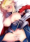  areolae artoria_pendragon_(all) artoria_pendragon_(lancer) bad_id bad_pixiv_id bar_censor blonde_hair blue_legwear blush breasts cape censored fate/grand_order fate_(series) fur fur_trim gauntlets green_eyes large_breasts lips looking_down navel nipples no_bra no_panties pee peeing pubic_hair red_cape solo thighhighs yude 
