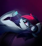  equine fan_character female feral fur grey_fur hair headphones hooves lying magnaluna mammal music_player my_little_pony on_back open_mouth pink_eyes purple_eyes purple_hair red_hair smile solo teeth 
