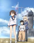  aircraft_carrier black_hair blonde_hair brown_hair clenched_hands cloud day flag frown glasses hands_on_lap highres kaneko_(novram58) long_hair looking_at_another looking_away military military_vehicle miyafuji_yoshika multiple_girls pantyhose perrine_h_clostermann sakamoto_mio ship short_hair sitting sky strike_witches swimsuit swimsuit_under_clothes uniform warship watercraft wheelchair world_witches_series 