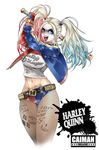  1girl batman_(series) blonde_hair blue_eyes breasts choker dc_comics dip-dyed_hair female fishnet_pantyhose fishnets full_body harley_quinn jacket lipstick makeup multicolored_hair pubic_tattoo solo suicide_squad tattoo twintails weapon 