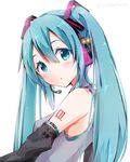  :o aqua_eyes aqua_hair bare_shoulders blush detached_sleeves hair_between_eyes hatsune_miku headphones headset long_hair looking_at_viewer looking_back looking_to_the_side microphone simple_background sleeveless snowmi solo twintails twitter_username upper_body vocaloid white_background 