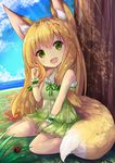  :d animal_ears bare_shoulders blonde_hair blue_sky breasts bug cloud collarbone day dress eyebrows eyebrows_visible_through_hair fox_ears fox_tail green_dress green_eyes hair_twirling horizon insect kitsune ladybug layered_dress long_hair looking_at_viewer ocean open_mouth original outdoors ribbon-trimmed_clothes ribbon_trim round_teeth sitting sky sleeveless sleeveless_dress small_breasts smile solo sunlight tail teeth tree u_rin under_tree wariza wrist_cuffs 