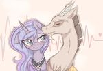  black_hair blue_eyes blue_hair discord_(mlp) draconequus duo equine eyebrows eyelashes eyes_closed female feral friendship_is_magic fur grey_fur hair horn kissing magnaluna male mammal membranous_wings my_little_pony princess_luna_(mlp) simple_background smile wings 