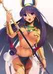  animal_ears bracelet bracer breasts dark_skin earrings fate/grand_order fate_(series) highres jackal_ears jewelry large_breasts long_hair navel nitocris_(fate/grand_order) open_mouth purple_eyes purple_hair revealing_clothes solo staff teeth tia_(cocorosso) 