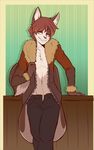  2016 aiden_(novus724) anthro clothed clothing digital_media_(artwork) front_view fur jacket lust male mammal open_jacket pants pinup pose red_eyes rodent scarlet-frost simple_background smile solo squirrel standing tagme teeth unzipped_pants yellow_eyes 