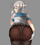  1girl ass blue_eyes blush cameltoe from_behind gloves hair_ornament hamakaze_(kantai_collection) hand_on_ass hizagawa_rau huge_ass kantai_collection looking_back looking_down open_mouth panties panties_under_pantyhose pantyhose school_uniform shiny shiny_hair shocked short_hair silver_hair skirt solo surprised upskirt 