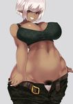  1girl breasts cameltoe cleavage curvy dark_skin erect_nipples grin large_breasts looking_at_viewer navel open_clothes original panties pointy_ears pubic_hair raycat red_eyes short_hair smile solo white_hair wide_hips 