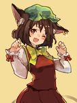  ;d animal_ears blush bow brown_eyes brown_hair cat_ears chen chobi_(sakuyasakuhana) claw_pose claws fang hands_up hat jewelry long_sleeves looking_at_viewer mob_cap one_eye_closed open_mouth red_bow red_skirt short_hair simple_background single_earring skirt smile solo touhou upper_body vest yellow_background yellow_bow 