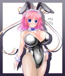  animal_ears bare_shoulders blue_eyes blush bow bowtie breasts bunny_ears bunny_girl bunny_tail bunnysuit cleavage commentary_request covered_navel cowboy_shot detached_collar fake_animal_ears fishnet_pantyhose fishnets flying_sweatdrops hand_on_hip highres huge_breasts kogarashi_(wind_of_winter) leotard long_hair looking_at_viewer maid maid_headdress open_mouth original pantyhose pink_hair solo strapless tail wrist_cuffs 