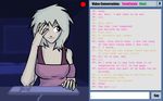  breasts chat chat_window colorless_eyes female hair invalid_background keybord lighting long_hair pink_shirt pink_text t&eacute;st webcam white_hair 