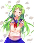  ^_^ artist_request blush closed_eyes giving green_hair heart highres letter long_hair midori_gurin_(yandere_simulator) open_mouth outstretched_arms school_uniform serafuku smile solo source_request yandere_simulator 
