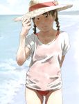  adjusting_clothes adjusting_hat arm_behind_back arm_up beach black_eyes black_hair braid commentary_request day flower hat hat_flower looking_at_viewer ocean one-piece_swimsuit original outdoors red_swimsuit shirt short_sleeves solo standing straw_hat sun_hat swimsuit swimsuit_under_clothes tnt_(aaaazzzz) twintails water white_shirt 