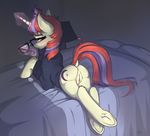 2016 aelsiiz anus bed blush butt clothed clothed_feral clothing cutie_mark dock equine eyewear female feral friendship_is_magic glasses hair horn levitation lying magic mammal moondancer_(mlp) multicolored_hair my_little_pony on_bed on_front pussy raised_tail solo two_tone_hair underhoof unicorn 