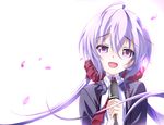  ahoge commentary commentary_request hair_ornament hair_scrunchie hands_together long_hair looking_at_viewer low_twintails microphone music open_mouth petals purple_eyes purple_hair scrunchie senki_zesshou_symphogear senomoto_hisashi singing smile solo tears twintails white_background yukine_chris 