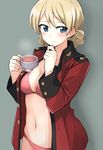  bikini blonde_hair blue_eyes blush braid breasts cleavage cup darjeeling girls_und_panzer hand_on_own_chin jacket large_breasts light_smile looking_at_viewer military military_jacket military_uniform mobu navel open_clothes open_jacket red_bikini red_jacket short_hair smile solo st._gloriana's_military_uniform swimsuit swimsuit_under_clothes teacup tied_hair twin_braids uniform 