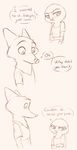  anthro canine clothed clothing dialogue disney duo english_text female fox judy_hopps lagomorph male mammal monochrome nick_wilde rabbit simple_background sprinkah text white_background zootopia 
