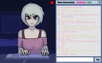  breasts chat chat_window colorless_eyes female hair invalid_background keybord lighting pink_shirt pink_text t&eacute;st webcam white_hair 
